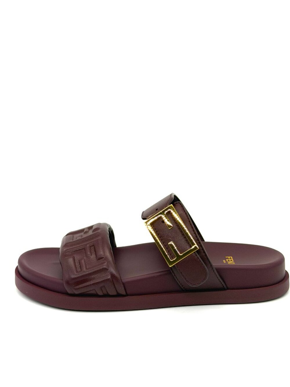 FENDI Feel FF Logo Double Band Flat Leather Slide Dad Sandals Shoes Plum - Picture 2 of 14